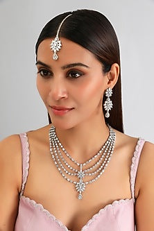 White Finish Diamond Layered Necklace Set
