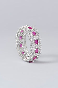 White Finish Diamond & Pink Stone Bangles (Set of 2)