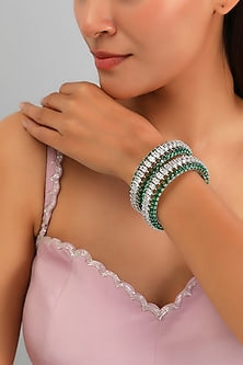 White Finish Diamond & Green Stone Bangles (Set of 2)