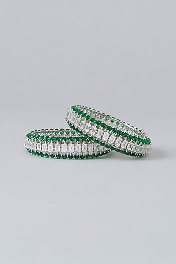 White Finish Diamond & Green Stone Bangles (Set of 2)