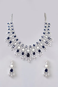 White Finish Diamond & Blue Stone Necklace Set