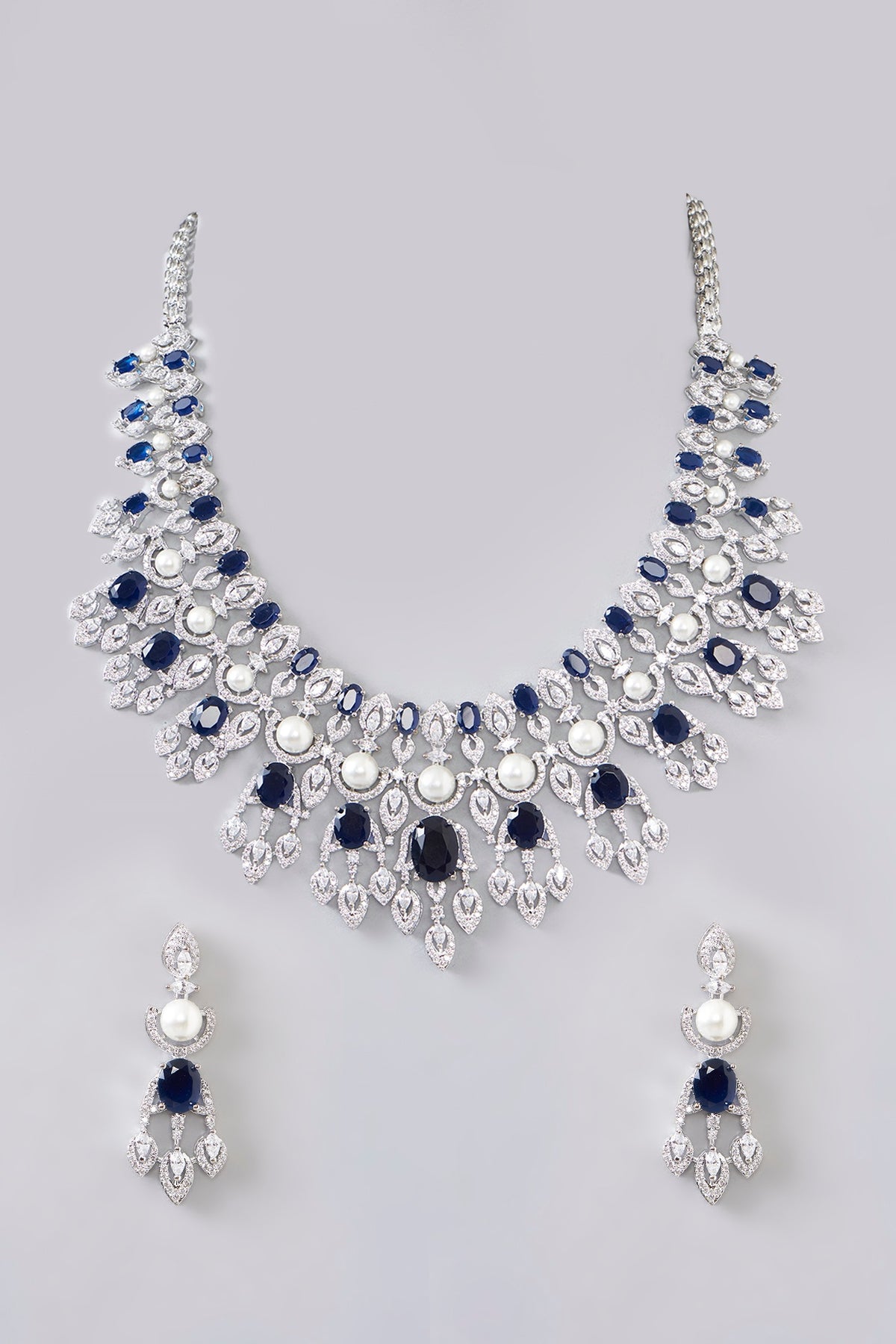 White Finish Diamond & Blue Stone Necklace Set