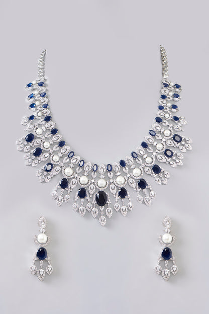 White Finish Diamond & Blue Stone Necklace Set