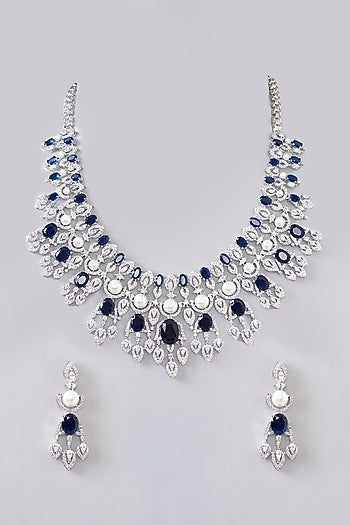 White Finish Diamond & Blue Stone Necklace Set
