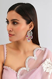 White Finish Diamond & Ruby Stone Dangler Earrings