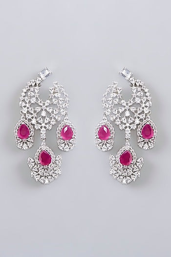 White Finish Diamond & Ruby Stone Dangler Earrings