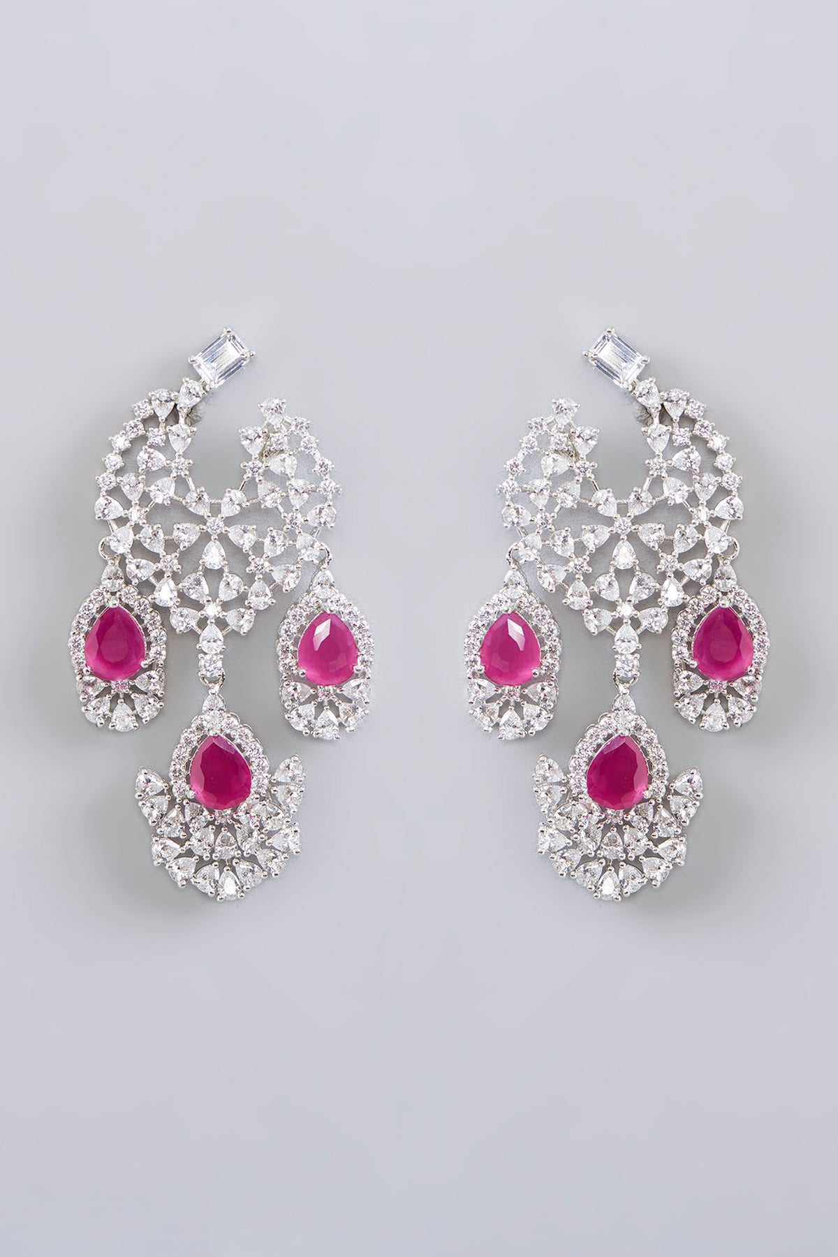 White Finish Diamond & Ruby Stone Dangler Earrings