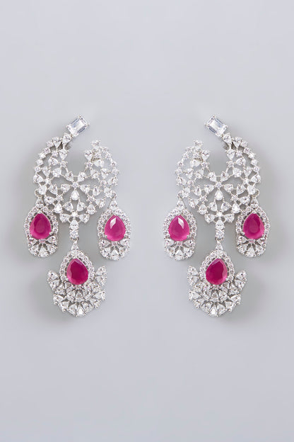 White Finish Diamond & Ruby Stone Dangler Earrings