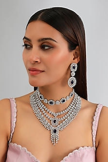 White Finish Diamond & Blue Stone Long Necklace Set