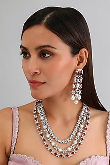 White Finish Diamond & Ruby Stone Long Layered Necklace Set