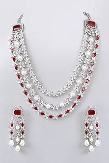 White Finish Diamond & Ruby Stone Long Layered Necklace Set