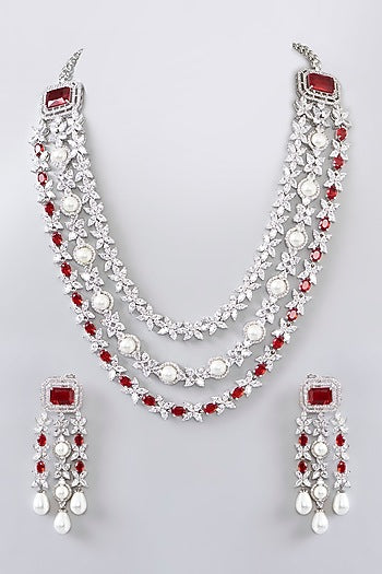 White Finish Diamond & Ruby Stone Long Layered Necklace Set