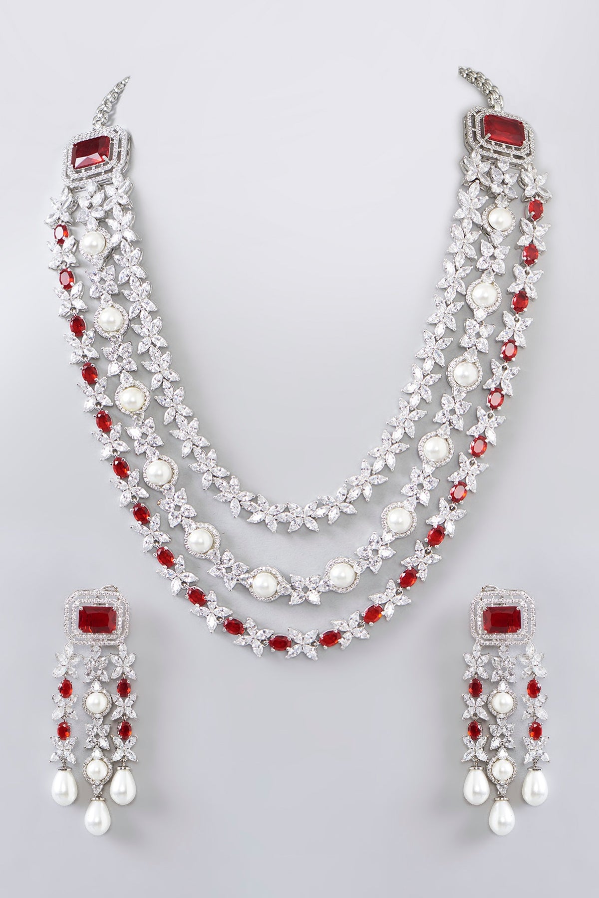 White Finish Diamond & Ruby Stone Long Layered Necklace Set