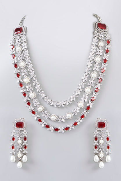 White Finish Diamond & Ruby Stone Long Layered Necklace Set