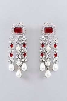 White Finish Diamond & Ruby Stone Long Layered Necklace Set