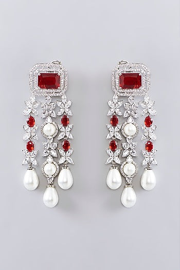 White Finish Diamond & Ruby Stone Long Layered Necklace Set
