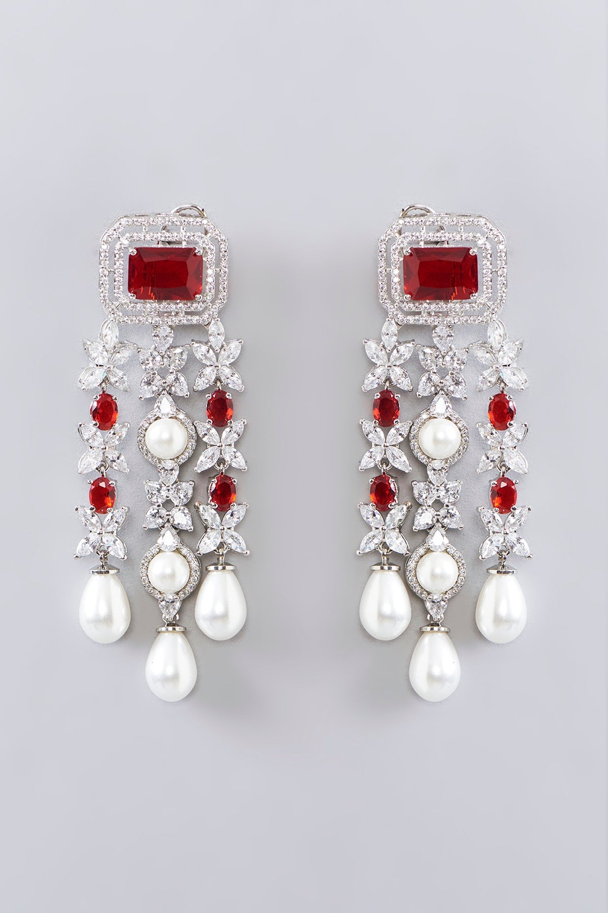 White Finish Diamond & Ruby Stone Long Layered Necklace Set