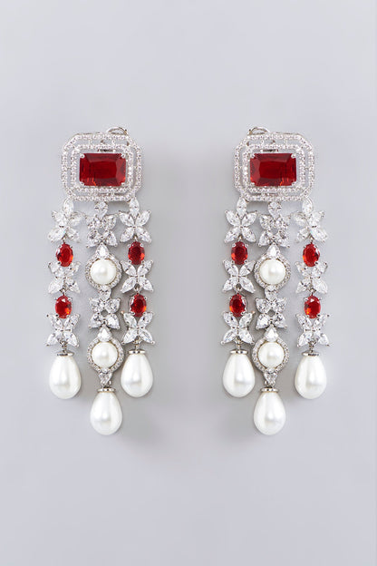 White Finish Diamond & Ruby Stone Long Layered Necklace Set