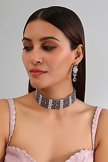 White Finish Diamond & Purple Stone Choker Necklace Set