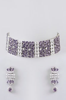 White Finish Diamond & Purple Stone Choker Necklace Set