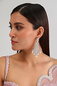 White Finish Diamond & Pearl Drop Dangler Earrings