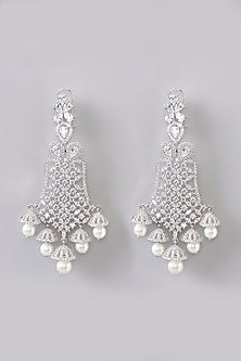 White Finish Diamond & Pearl Drop Dangler Earrings