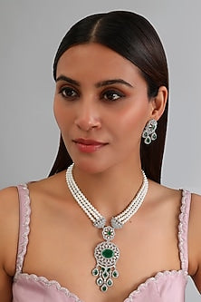 White Finish Emerald Stone & Pearl String Long Necklace Set