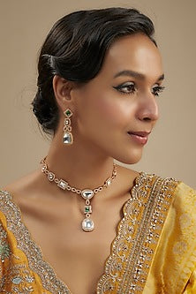 Gold Finish Kundan Polki & Green Stone Long Necklace Set