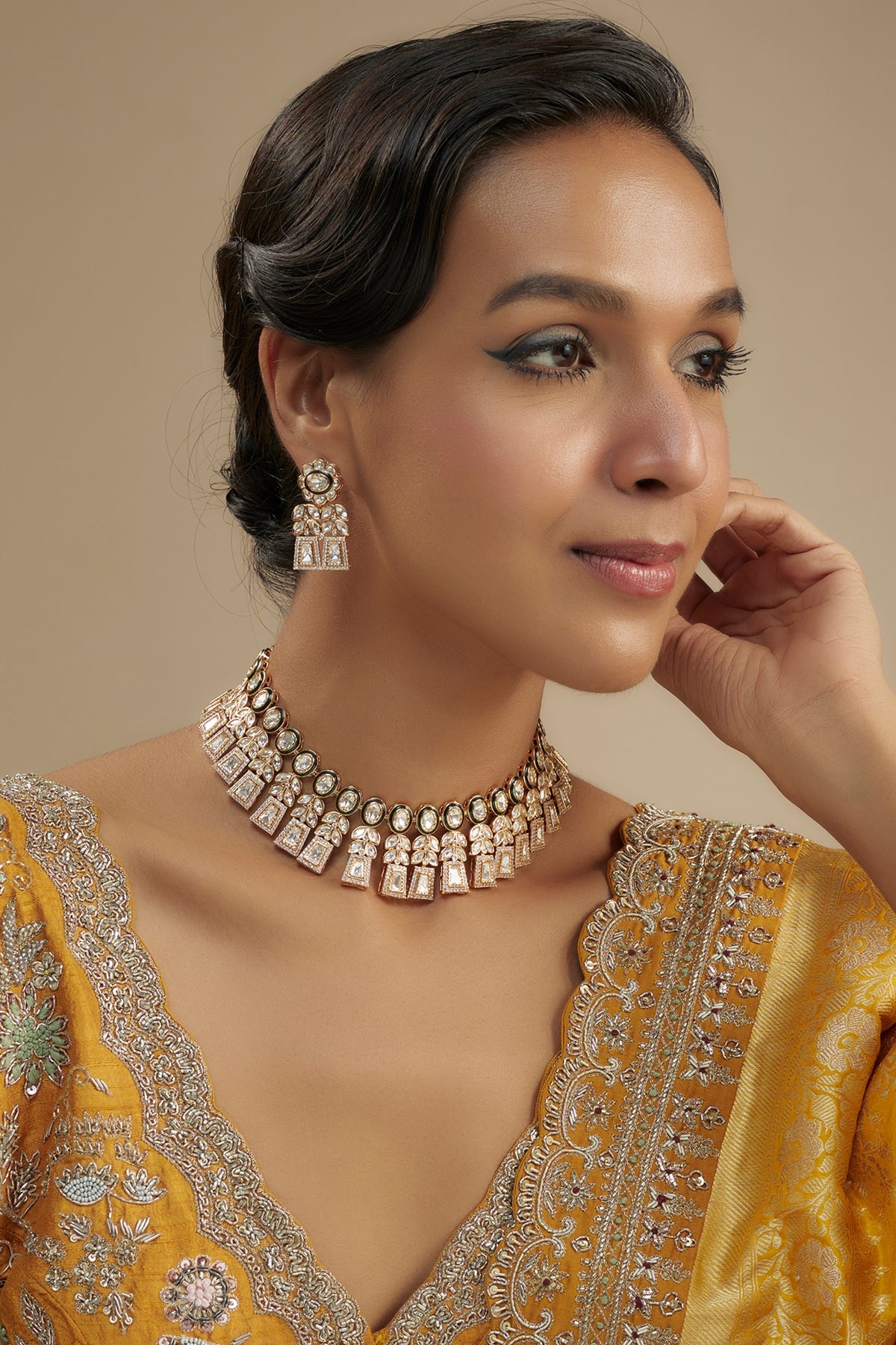 Gold Finish Kundan Polki Necklace Set