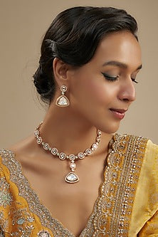 Gold Finish Kundan Polki & Mint Green Stone Pendant Necklace Set