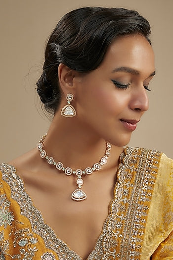 Gold Finish Kundan Polki & Mint Green Stone Pendant Necklace Set