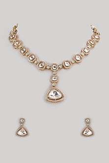 Gold Finish Kundan Polki & Mint Green Stone Pendant Necklace Set
