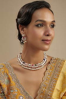 Gold Finish Kundan Polki & Green Stone Long Necklace Set