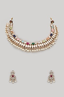 Gold Finish Kundan Polki & Green Stone Long Necklace Set