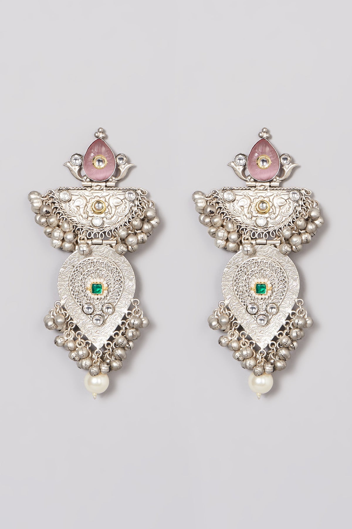 Oxidised Finish Pink Kundan Polki & Pearl Dangler Earrings
