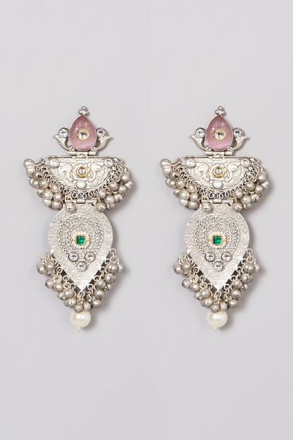 Oxidised Finish Pink Kundan Polki & Pearl Dangler Earrings