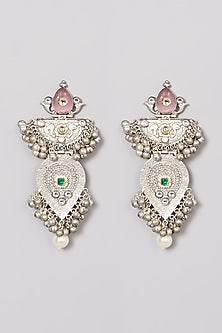 Oxidised Finish Pink Kundan Polki & Pearl Dangler Earrings
