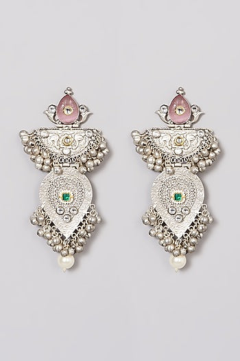 Oxidised Finish Pink Kundan Polki & Pearl Dangler Earrings