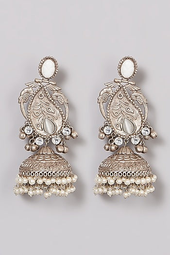 Oxidised Finish Kundan Polki & Pearl Jhumka Earrings