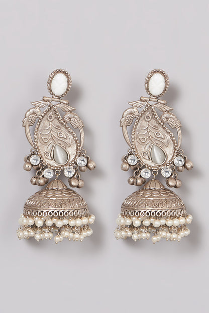 Oxidised Finish Kundan Polki & Pearl Jhumka Earrings