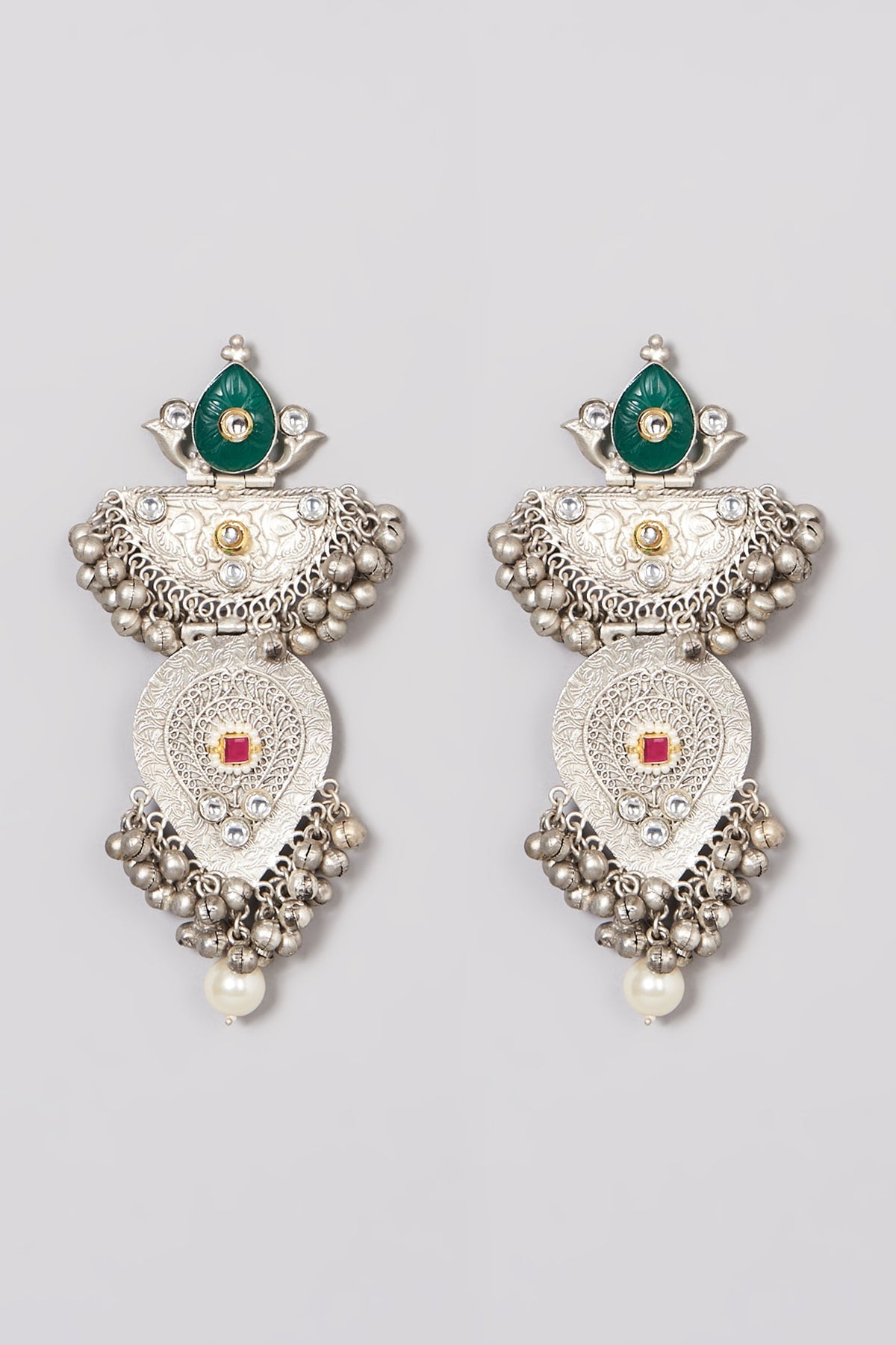 Oxidised Finish Green Kundan Polki & Pearl Dangler Earrings