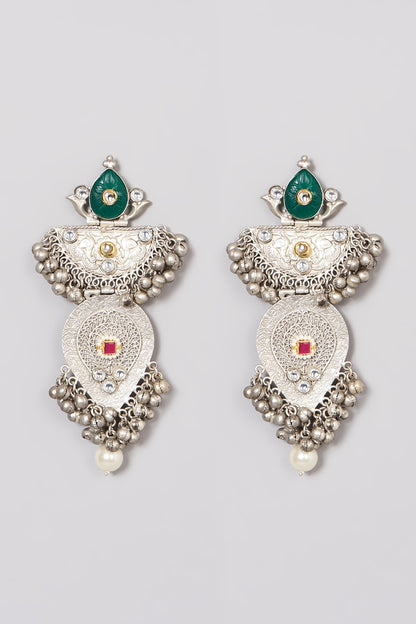 Oxidised Finish Green Kundan Polki & Pearl Dangler Earrings