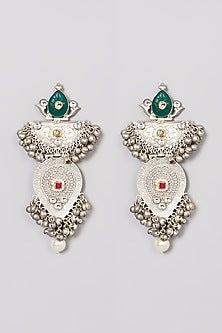 Oxidised Finish Green Kundan Polki & Pearl Dangler Earrings