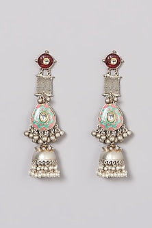 Oxidised Finish Multi-Colored Kundan Polki & Pearl Jhumka Earrings
