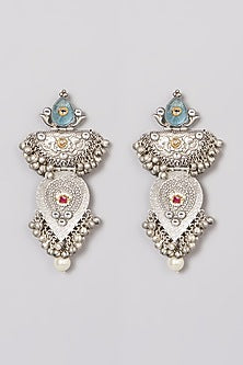 Oxidised Finish Blue Kundan Polki & Pearl Dangler Earrings
