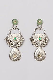Oxidised Finish Green Kundan Polki & Pearl Dangler Earrings