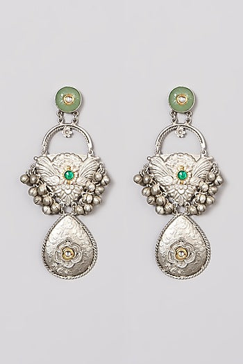 Oxidised Finish Green Kundan Polki & Pearl Dangler Earrings