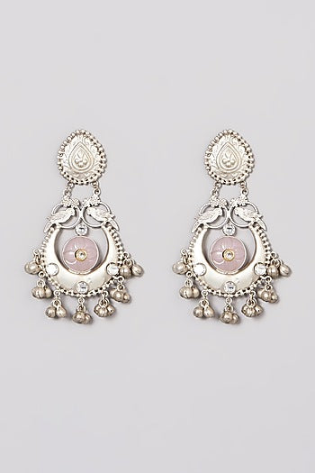 Oxidised Finish Green Kundan Polki & Pearl Dangler Earrings