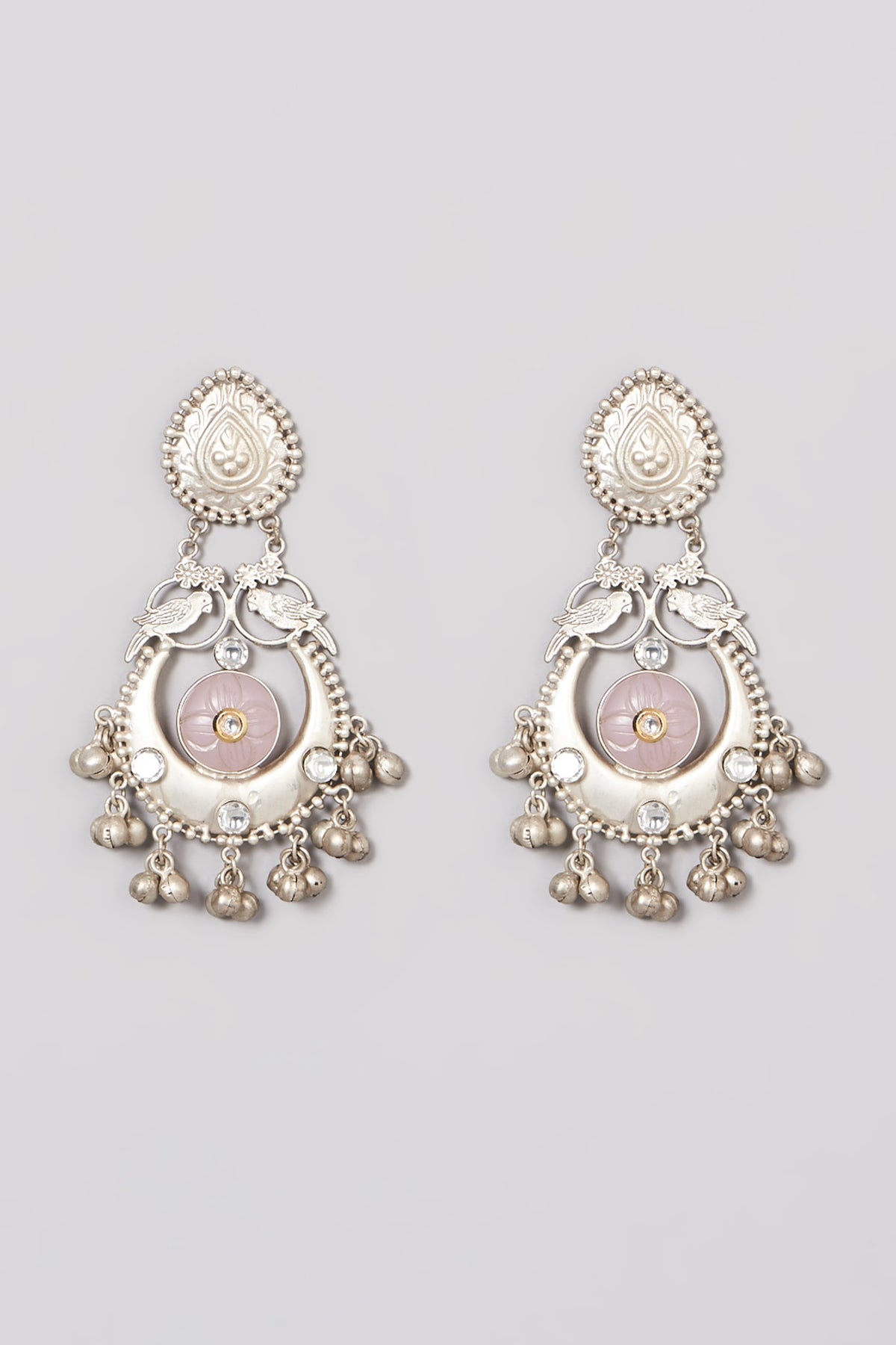 Oxidised Finish Green Kundan Polki & Pearl Dangler Earrings