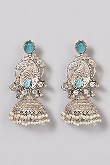 Oxidised Finish Blue Kundan Polki & Pearl Jhumka Earrings
